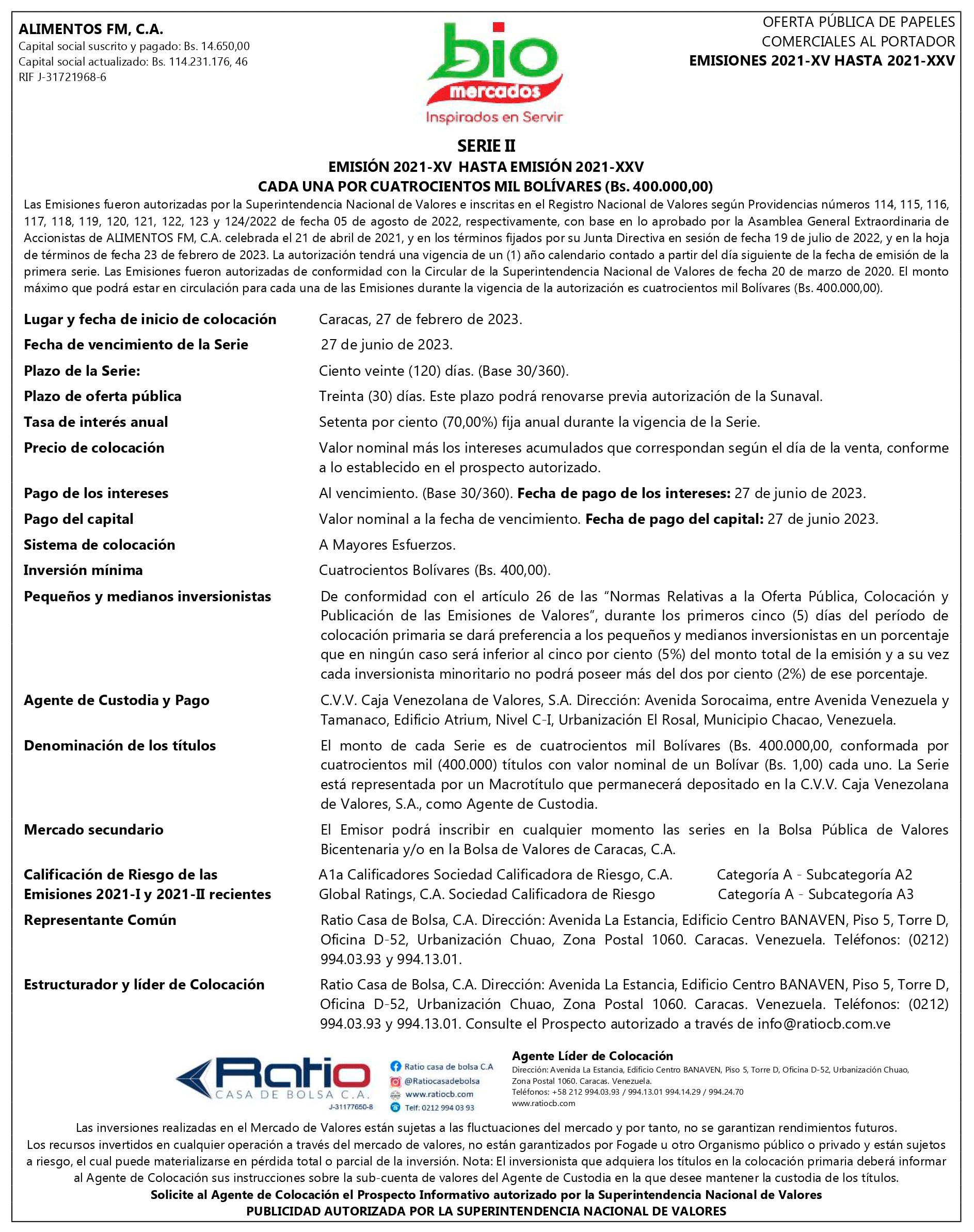 Alimentos FM Aviso de Prensa PPCC Emisión 2021 XV hasta 2021 XXV Serie II 