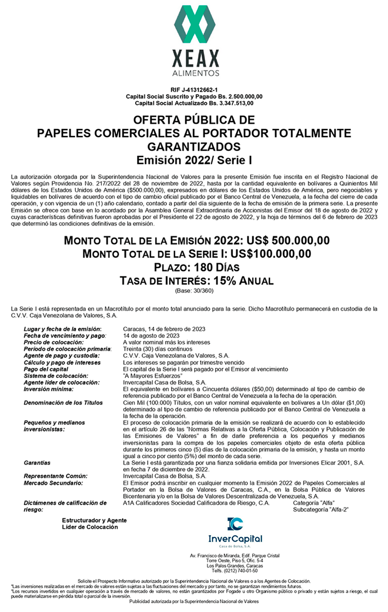 Xeax Alimentos Aviso de Prensa PPCC Emision 2022 Serie I